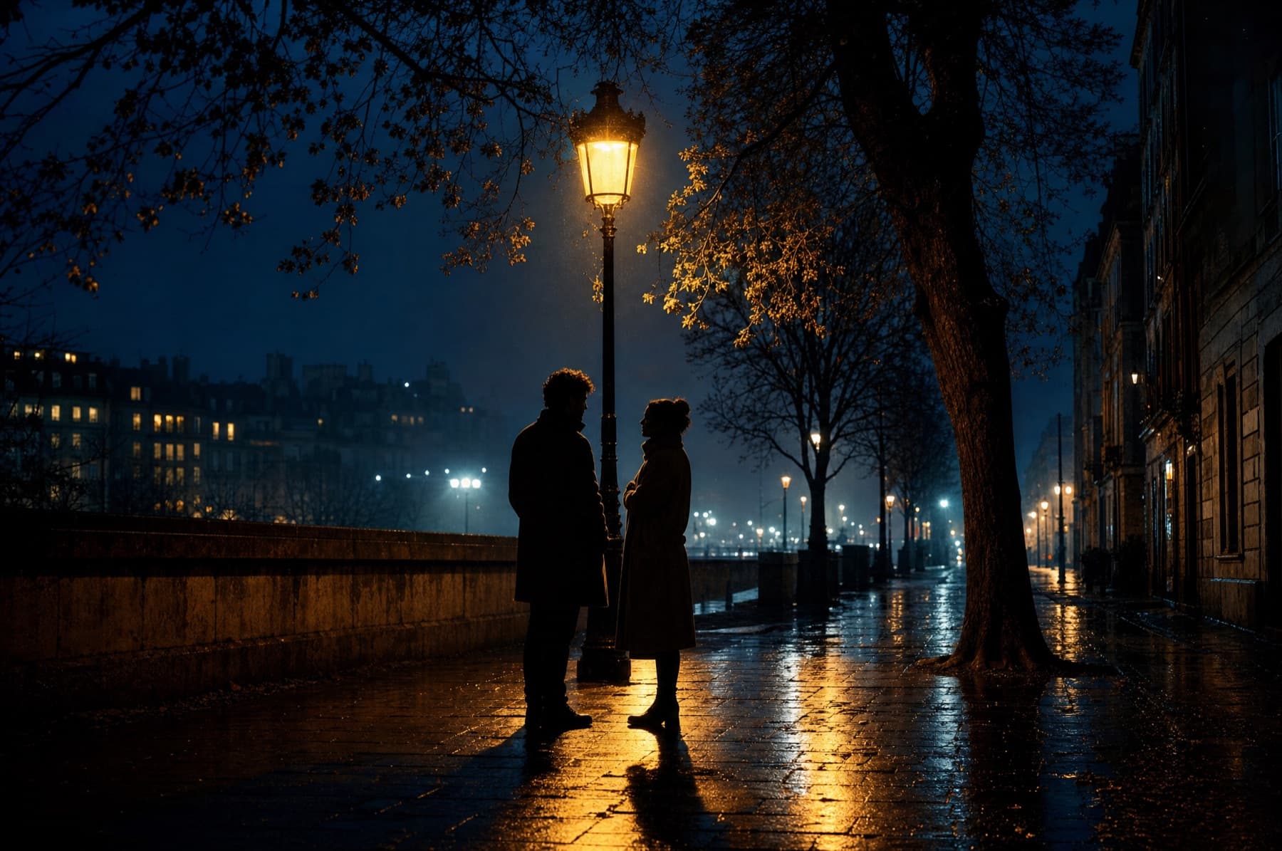 Two people talking beneath a streetlamp on a city street at night